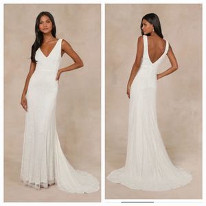 Luxe Bridal Lulus Passionate Romance White Beaded Sequin Mermaid Maxi Dress (S)